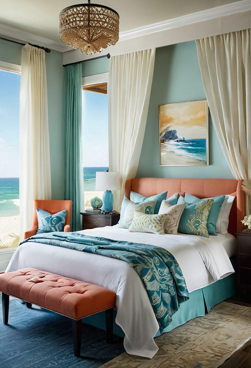 A stylish bedroom featuring beach-inspired decor mixed with high-fashion elements. Include a luxurious bed with flowing sheer curtains and a beach-themed headboard. Add whimsical accessories like seashell-shaped pillows and vibrant, fantasy-inspired clothing draped carelessly over the furniture. Warm sunlight streaming through a window highlighting delicate fabrics and textures. modern, high fashion, vibrant colors, surreal elements.