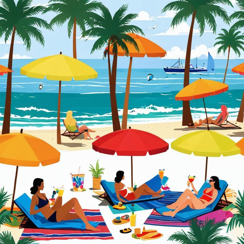 A sunny beach scene featuring a diverse group of stylish individuals in trendy swimwear and beachwear, lounging on colorful towels and sipping refreshing cocktails. Include vibrant umbrellas, palm trees swaying, and surfboards in the background. Capture a joyful, carefree atmosphere, evoking the essence of summer. pixel art. vibrant colors. white background.